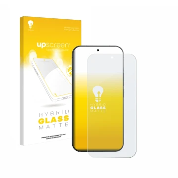 Parte frontal de un envase de producto con el logotipo de la marca upscreen. Al lado se muestra el dispositivo Vivo V70 con su