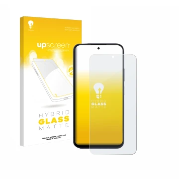 Parte frontal de un envase de producto con el logotipo de la marca upscreen. Al lado se muestra el dispositivo Oppo A6x 4G con