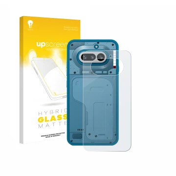 Parte frontal de un envase de producto con el logotipo de la marca upscreen. Al lado se muestra el dispositivo Nothing Phone (