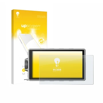 Parte frontal de un envase de producto con el logotipo de la marca upscreen. Al lado se muestra el dispositivo DJI Ronin 4D co