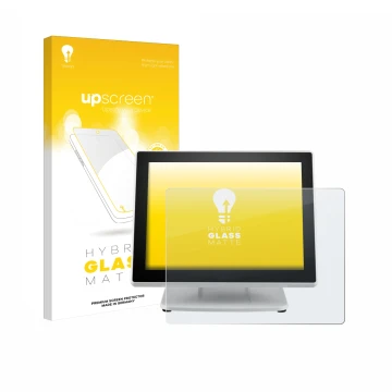 Parte frontal de un envase de producto con el logotipo de la marca upscreen. Al lado se muestra el dispositivo Posiflex PS-361