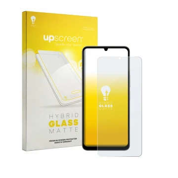 Parte frontal de un envase de producto con el logotipo de la marca upscreen. Al lado se muestra el dispositivo Vivo Y11 2026 c