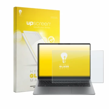 Parte frontal de un envase de producto con el logotipo de la marca upscreen. Al lado se muestra el dispositivo HP 200 G2a 16