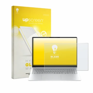 Parte frontal de un envase de producto con el logotipo de la marca upscreen. Al lado se muestra el dispositivo HP OmniBook 3 1