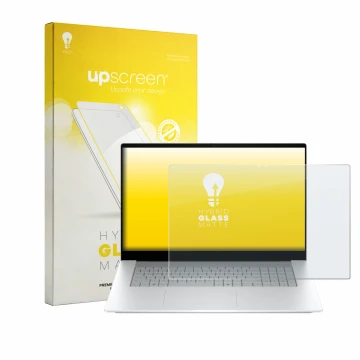 Parte frontal de un envase de producto con el logotipo de la marca upscreen. Al lado se muestra el dispositivo HP OmniBook X 1
