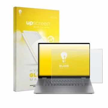 Parte frontal de un envase de producto con el logotipo de la marca upscreen. Al lado se muestra el dispositivo HP OmniBook X F
