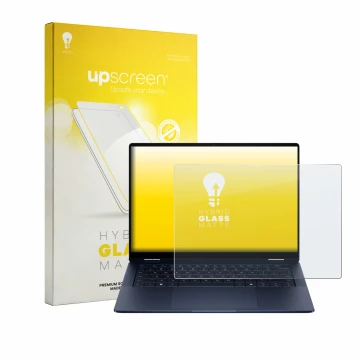Parte frontal de un envase de producto con el logotipo de la marca upscreen. Al lado se muestra el dispositivo HP EliteBook X 