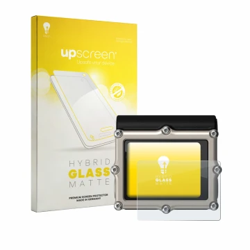 Parte frontal de un envase de producto con el logotipo de la marca upscreen. Al lado se muestra el dispositivo Shearwater Petr