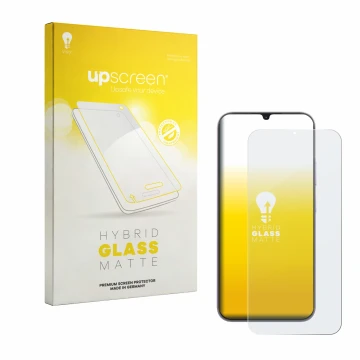Parte frontal de un envase de producto con el logotipo de la marca upscreen. Al lado se muestra el dispositivo realme C100i co