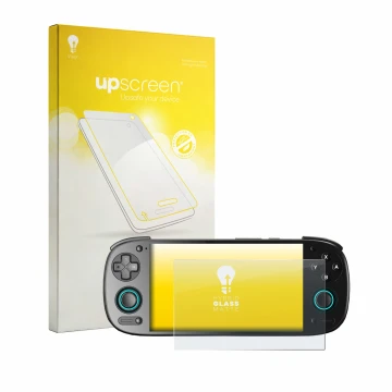 Parte frontal de un envase de producto con el logotipo de la marca upscreen. Al lado se muestra el dispositivo Retroid Pocket 