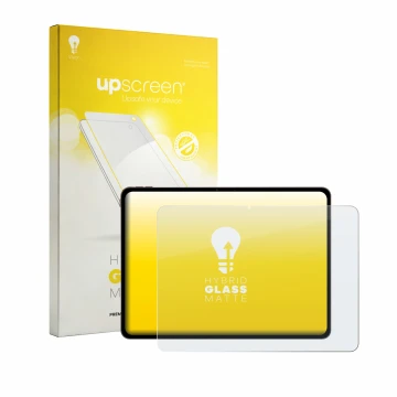 Parte frontal de un envase de producto con el logotipo de la marca upscreen. Al lado se muestra el dispositivo OnePlus Pad 4 c