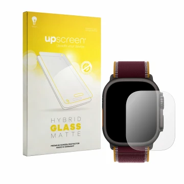 Parte frontal de un envase de producto con el logotipo de la marca upscreen. Al lado se muestra el dispositivo Apple Watch Ult