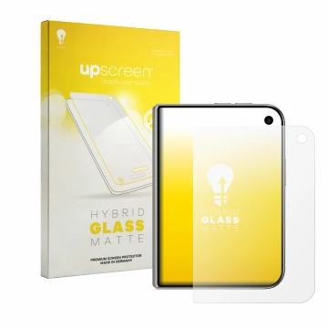 Parte frontal de un envase de producto con el logotipo de la marca upscreen. Al lado se muestra el dispositivo Apple iPhone Du