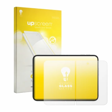 Parte frontal de un envase de producto con el logotipo de la marca upscreen. Al lado se muestra el dispositivo Apple iPhone Du
