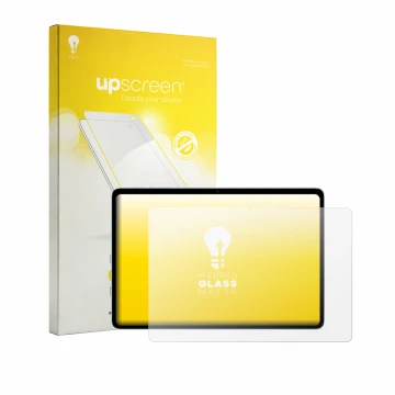 Parte frontal de un envase de producto con el logotipo de la marca upscreen. Al lado se muestra el dispositivo Teclast P35 con