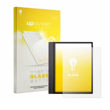 Parte frontal de un envase de producto con el logotipo de la marca upscreen. Al lado se muestra el dispositivo Boox Note Air 6