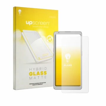 Parte frontal de un envase de producto con el logotipo de la marca upscreen. Al lado se muestra el dispositivo Boox Palma 3 co