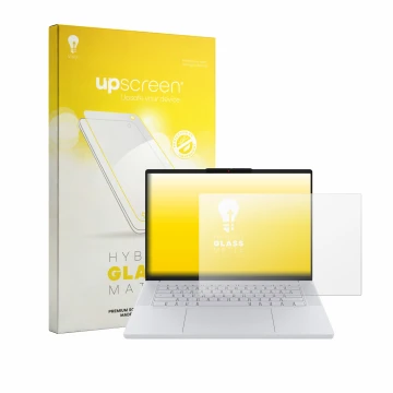 Parte frontal de un envase de producto con el logotipo de la marca upscreen. Al lado se muestra el dispositivo Lenovo Googlebo
