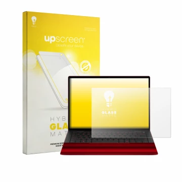 Parte frontal de un envase de producto con el logotipo de la marca upscreen. Al lado se muestra el dispositivo HP Scuderia Fer