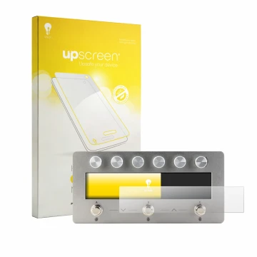 Parte frontal de un envase de producto con el logotipo de la marca upscreen. Al lado se muestra el dispositivo Darkglass Anagr