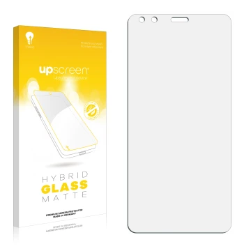 Parte frontal de un envase de producto con el logotipo de la marca upscreen. Al lado está el protector de pantalla correspondi