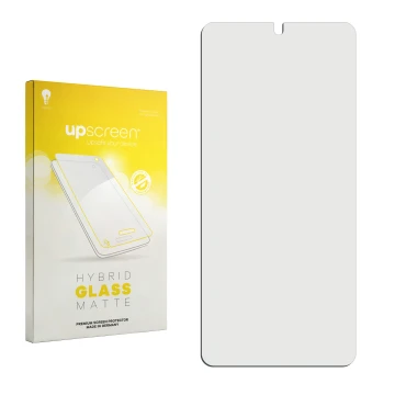 Parte frontal de un envase de producto con el logotipo de la marca upscreen. Al lado está el protector de pantalla correspondi