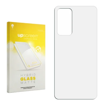 Parte frontal de un envase de producto con el logotipo de la marca upscreen. Al lado está el protector de pantalla correspondi