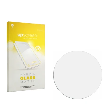 Parte frontal de un envase de producto con el logotipo de la marca upscreen. Al lado está el protector de pantalla correspondi