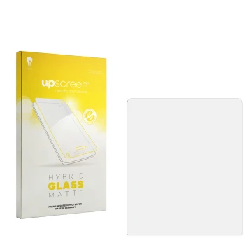 Parte frontal de un envase de producto con el logotipo de la marca upscreen. Al lado está el protector de pantalla correspondi