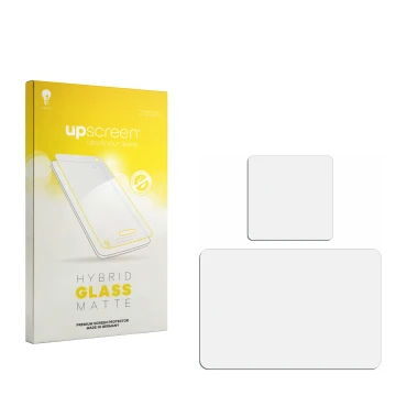 Parte frontal de un envase de producto con el logotipo de la marca upscreen. Al lado está el protector de pantalla correspondi