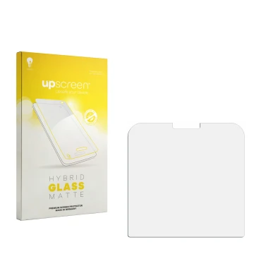 Parte frontal de un envase de producto con el logotipo de la marca upscreen. Al lado está el protector de pantalla correspondi