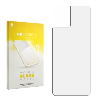Parte frontal de un envase de producto con el logotipo de la marca upscreen. Al lado está el protector de pantalla correspondi