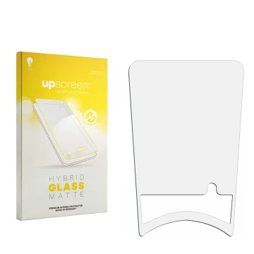 Parte frontal de un envase de producto con el logotipo de la marca upscreen. Al lado está el protector de pantalla correspondi