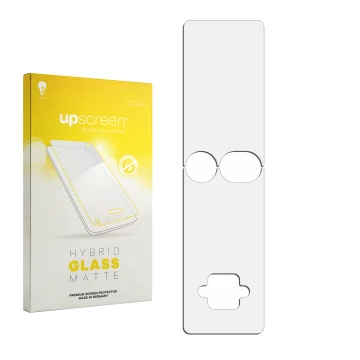 Parte frontal de un envase de producto con el logotipo de la marca upscreen. Al lado está el protector de pantalla correspondi