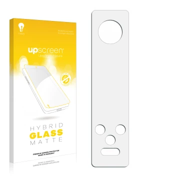 Parte frontal de un envase de producto con el logotipo de la marca upscreen. Al lado está el protector de pantalla correspondi