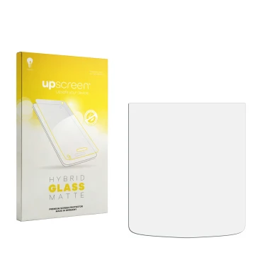 Parte frontal de un envase de producto con el logotipo de la marca upscreen. Al lado está el protector de pantalla correspondi