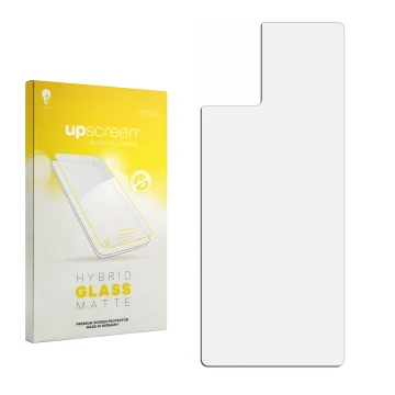 Parte frontal de un envase de producto con el logotipo de la marca upscreen. Al lado está el protector de pantalla correspondi