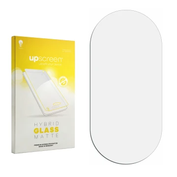 Parte frontal de un envase de producto con el logotipo de la marca upscreen. Al lado está el protector de pantalla correspondi