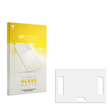 Parte frontal de un envase de producto con el logotipo de la marca upscreen. Al lado está el protector de pantalla correspondi