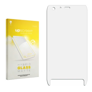 Parte frontal de un envase de producto con el logotipo de la marca upscreen. Al lado está el protector de pantalla correspondi