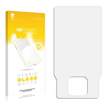 Parte frontal de un envase de producto con el logotipo de la marca upscreen. Al lado está el protector de pantalla correspondi