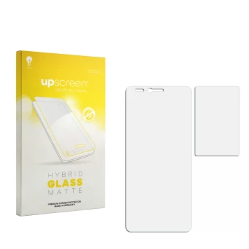 Parte frontal de un envase de producto con el logotipo de la marca upscreen. Al lado está el protector de pantalla correspondi