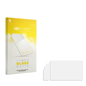 Parte frontal de un envase de producto con el logotipo de la marca upscreen. Al lado está el protector de pantalla correspondi