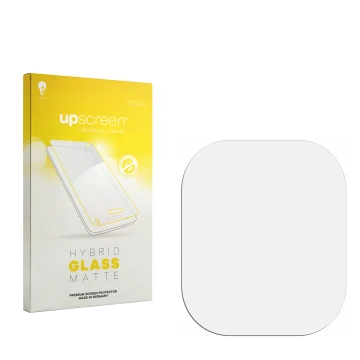 Parte frontal de un envase de producto con el logotipo de la marca upscreen. Al lado está el protector de pantalla correspondi