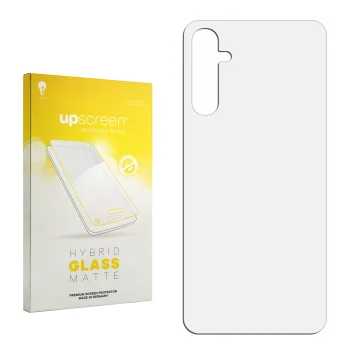 Parte frontal de un envase de producto con el logotipo de la marca upscreen. Al lado está el protector de pantalla correspondi