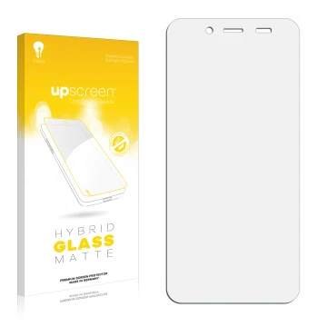 Parte frontal de un envase de producto con el logotipo de la marca upscreen. Al lado está el protector de pantalla correspondi
