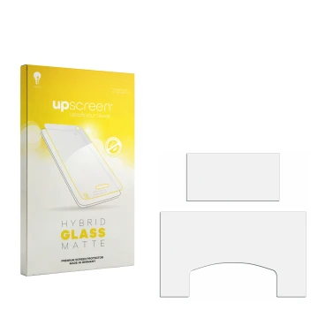 Parte frontal de un envase de producto con el logotipo de la marca upscreen. Al lado está el protector de pantalla correspondi