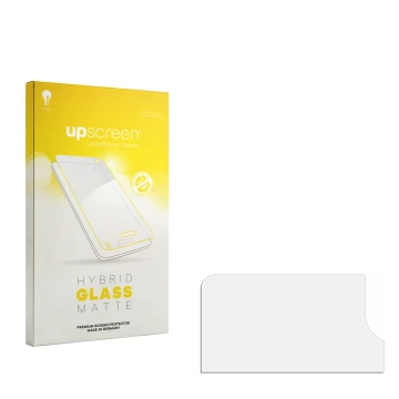 Parte frontal de un envase de producto con el logotipo de la marca upscreen. Al lado está el protector de pantalla correspondi
