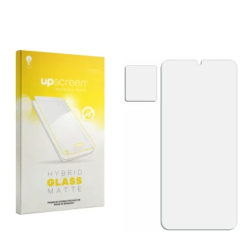Parte frontal de un envase de producto con el logotipo de la marca upscreen. Al lado está el protector de pantalla correspondi