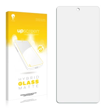 Parte frontal de un envase de producto con el logotipo de la marca upscreen. Al lado está el protector de pantalla correspondi